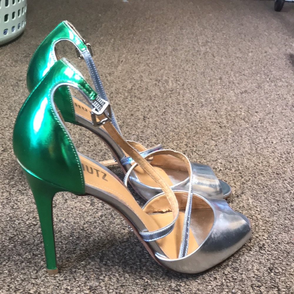 SCHUTZ Strappy Silver/ Green Heel Sandals Women’s, Size 9.5B